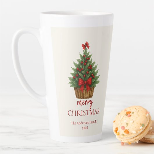 エレガントなクリスマスツリー – 赤いリボン カフェラテマグ (インサイチュ)