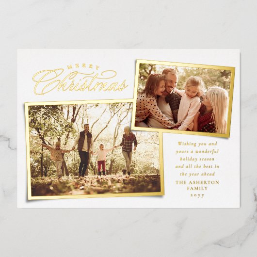 エレガントなクリスマスツーショット写真 ゴールド ホワイト 箔シーズンカード (正面)