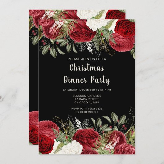 エレガントなクリスマスディナーパーティー 赤い花 招待状 (正面/裏面)