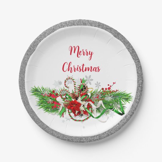 エレガントなクリスマスパーティーのグリーンとグリッター ペーパープレート (正面)