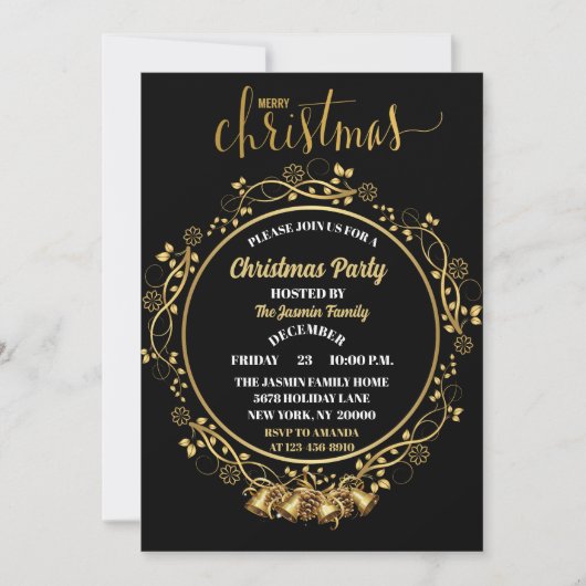 エレガントなクリスマスパーティ ブラックとゴールドのベル 招待状 (正面)