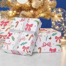 エレガントなクリスマスボウとキャンディのパターン ラッピングペーパー