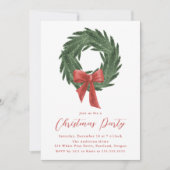 エレガントなクリスマスリース 赤いリボン ホリデーパーティー 招待状 (正面)