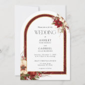 エレガントなクリスマスレッドダマスクフローラルアーチ 招待状 (正面)