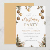 エレガントなクリスマス パーティー ゴールド ウォーターカラー グリッター 招待状 (正面/裏面)