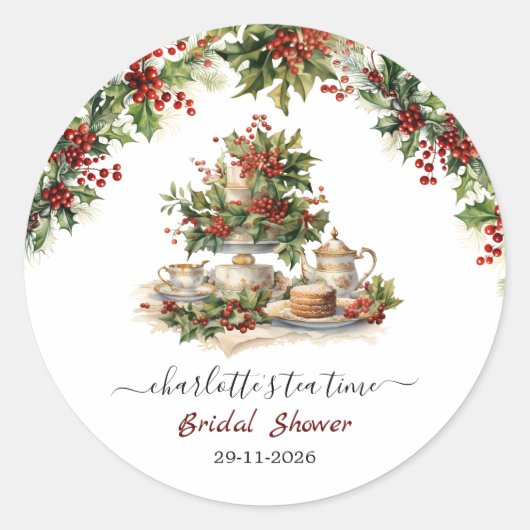 エレガントなクリスマス ブライダル シャワー ティー パーティー ラウンドシール (正面)