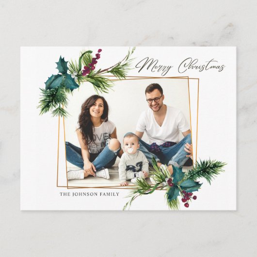 エレガントなクリスマス ホーリー パイン フレーム フォト グリーティング ポストカード (正面)