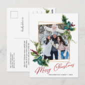 エレガントなクリスマス ホーリー パイン フレーム フォト グリーティング ポストカード (正面/裏面)