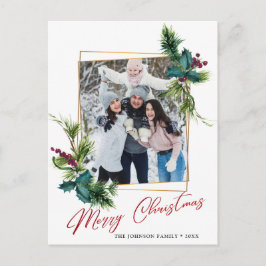エレガントなクリスマス ホーリー パイン フレーム フォト グリーティング ポストカード
