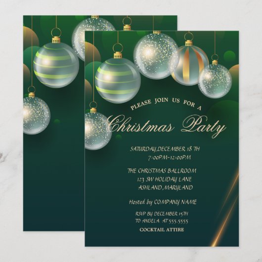 エレガントなクリスマス ボール グリーンクリスマスパーティ 招待状 (正面/裏面)