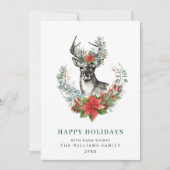 エレガントなクリスマス 鹿 ポインセチア グリーティング シーズンカード (正面)
