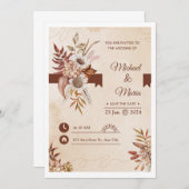 エレガントなクリームとブラウンの水彩画の結婚式招待状 招待状 (正面/裏面)