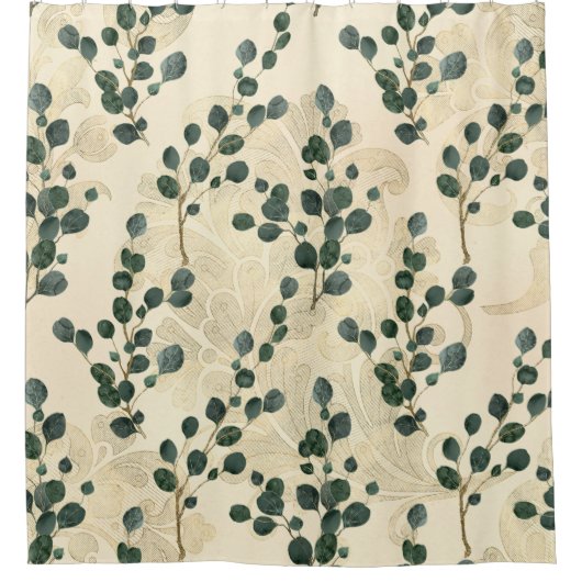 エレガントなクリームゴールドのユーカリグリーン シャワーカーテン (正面)