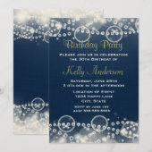 エレガントなクリームレースとパールがブルーの誕生日 招待状 (正面/裏面)