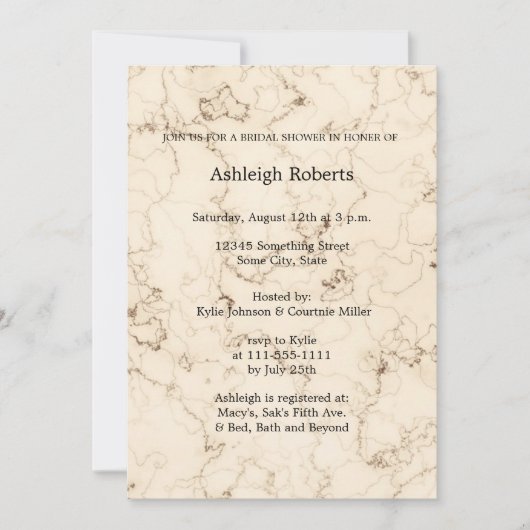 エレガントなクリーム大理石の結婚前お茶会 招待状 (正面)