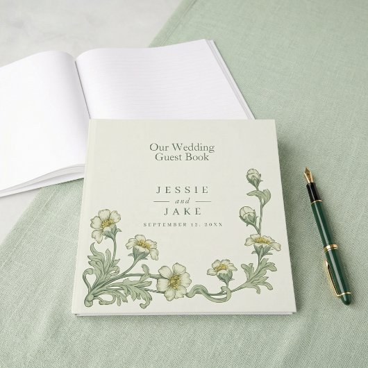 エレガントなクリーム色と緑の花の結婚式ゲストブック ゲストブック