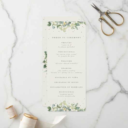 エレガントなクリーム色のスノーベリー+ユーカリの冬の結婚式 プログラム (正面/裏面インサイチュ)