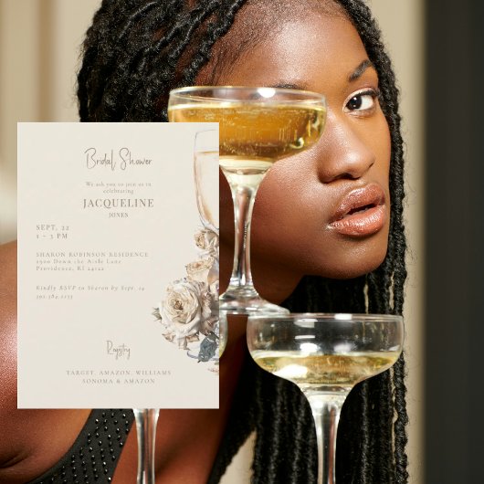 エレガントなクリーム色のドライローズ シャンパン ブライダルシャワー 招待状