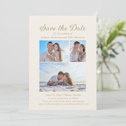 エレガントなクリーム色の4枚写真2面結婚式 セーブザデート (スタンド正面)