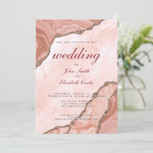 エレガントなクリーム ブッシュ アゲート ソフト ピンク ゴールド ウェディング 招待状 (スタンド正面)
