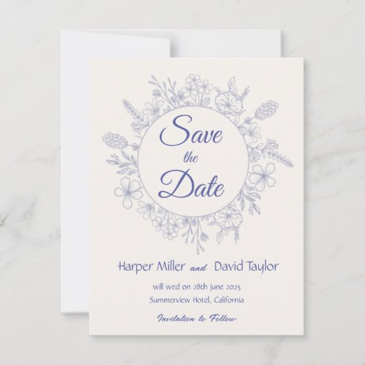 エレガントなクリーム&ブルーの花柄 Save the Date セーブザデート (正面)