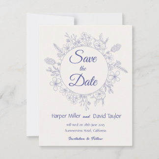 エレガントなクリーム＆ブルーの花柄 Save the Date セーブザデート