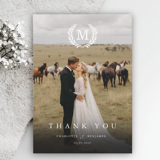 エレガントなクレストモノグラム2枚写真サンクスカード サンキューカード