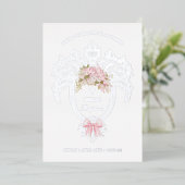 エレガントなクレスト ピンクの蝶結び 洗礼 シルバー 箔招待状 (立ち正面)