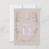 エレガントなクレスト フラワーの結婚式テーブルナンバー 出欠カード (正面)