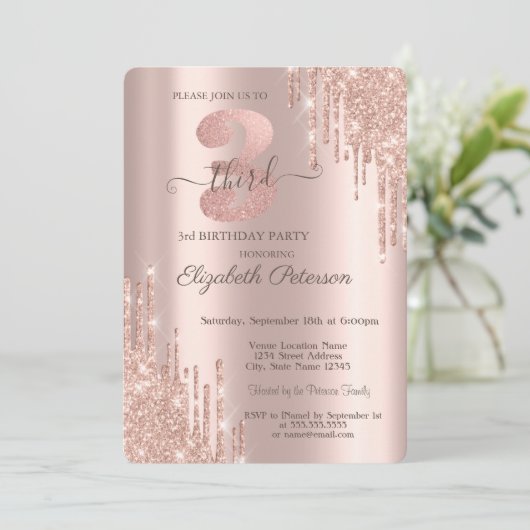 エレガントなグリッターが滴るローズゴールドの3歳の誕生日 招待状 (スタンド正面)