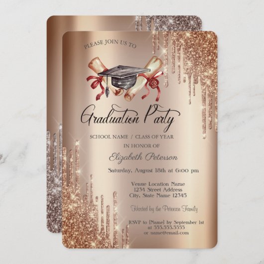 エレガントなグリッターが滴る、卒業帽と卒業証書のデザイン 招待状 (正面/裏面)
