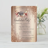 エレガントなグリッターが滴る、卒業帽と卒業証書のデザイン 招待状 (スタンド正面)