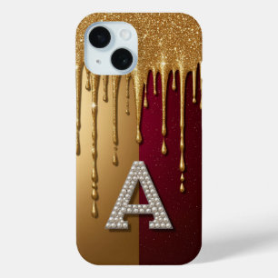 💎 エレガントなグリッターのモノグラム「A」がドリップするデザイン iPhone 15ケース