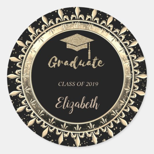 エレガントなグリッターゴールドの卒業帽子、コンフェッティ ラウンドシール (正面)