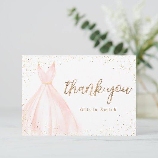 エレガントなグリッターゴールドピンクのドレス キンセアニエラ サンキューカード (スタンド正面)
