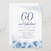 エレガントなグリッター スクリプト 青 花 60歳の誕生日 招待状 (正面/裏面)