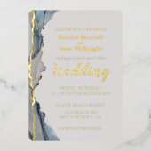 エレガントなグリッター ダスティーブルー ゴールド 箔招待状 (正面)