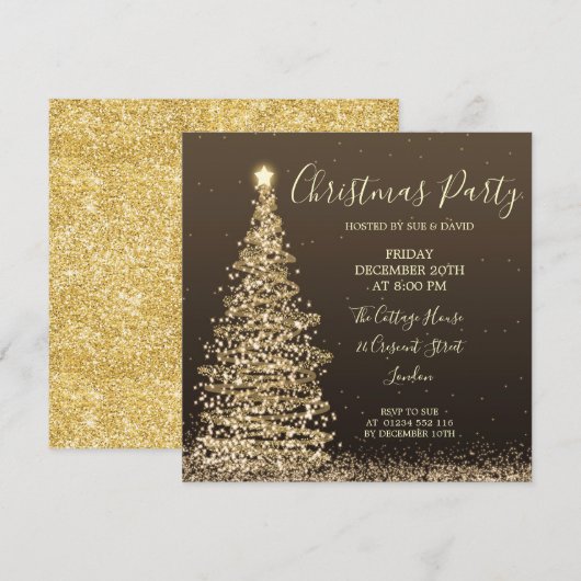 エレガントなグリッター ツリー クリスマス パーティー 招待状 (正面/裏面)