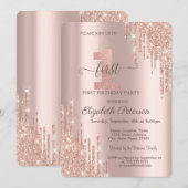 エレガントなグリッター ドリップ ローズゴールド ティアラ 1歳誕生日 招待状 (正面/裏面)