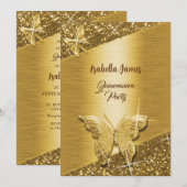 エレガントなグリッター フォイル スパークル シック ゴールド バタフライ 招待状 (正面/裏面)