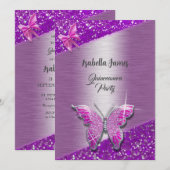 エレガントなグリッター フォイル スパークル パープル バタフライ 招待状 (正面/裏面)