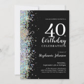 エレガントなグリッター ブラック 40歳の誕生日パーティー 招待状 (正面)