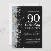エレガントなグリッター ブラック 90歳の誕生日パーティー 招待状 (正面)