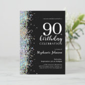 エレガントなグリッター ブラック 90歳の誕生日パーティー 招待状 (スタンド正面)