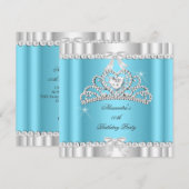 エレガントなグリッター ブルー グラマラス シルバー ティアラ ハート 招待状 (正面/裏面)