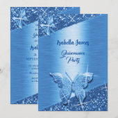 エレガントなグリッター ブルー フォイル スパークル シックなバタフライ 招待状 (正面/裏面)