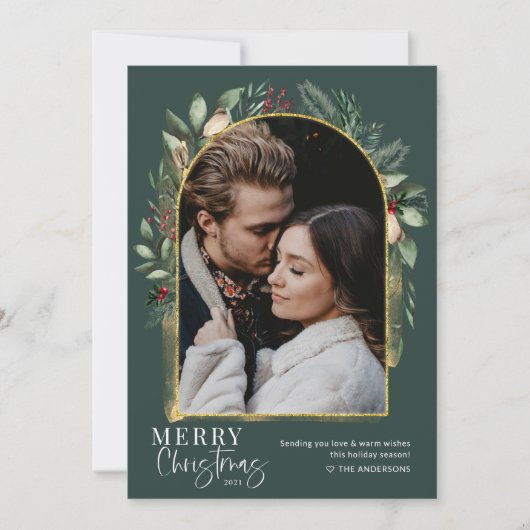エレガントなグリーンとゴールドのアーチのクリスマス写真 シーズンカード (正面)