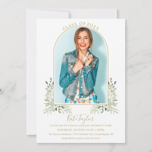 エレガントなグリーンとゴールドのアーチ写真 卒業パーティー 招待状 (正面)