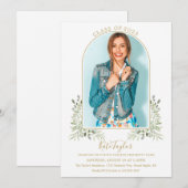 エレガントなグリーンとゴールドのアーチ写真 卒業パーティー 招待状 (正面/裏面)