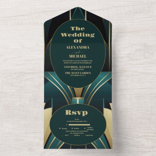 エレガントなグリーンとゴールドのアールデコウェディング オールインワン招待状 (内側)